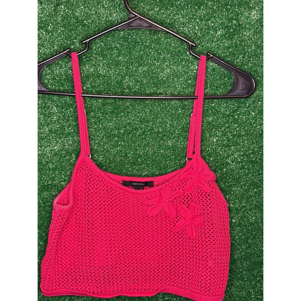 Forever 21 Pink Crochet Floral Crop Tank Top Size Small Y2K Boho - Picture 2 of 5